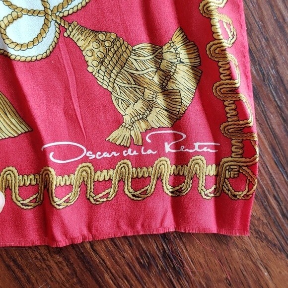 Oscar de la Renta Gold Tassle Red Chic Old Money Delicate Feminine Silk Scarf - Picture 2 of 4